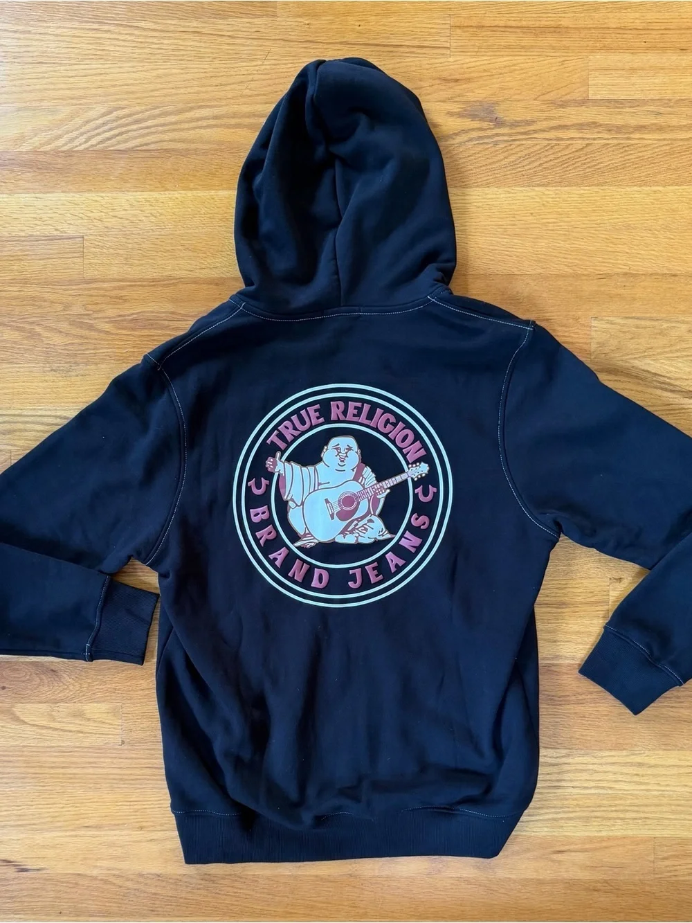 True Religion Black Hoodie with Red Buddha Seal Graphic